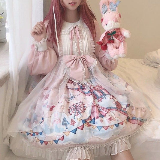 Lolita Long-Sleeve Printed A-Line Dress / Headband / Set mySite