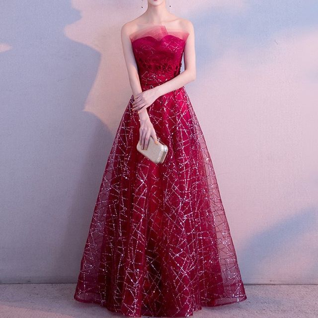 Strapless Evening Gown Mesh Glitter Maxi FashionChic