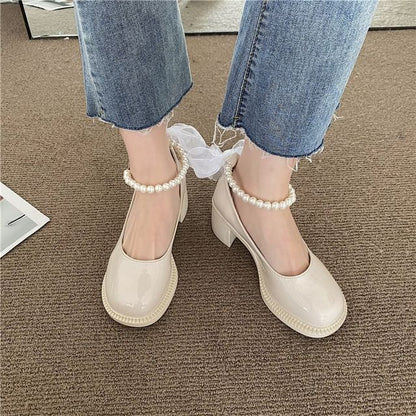 Faux Pearl Ankle-Strap Chunky-Heel Pumps mySite