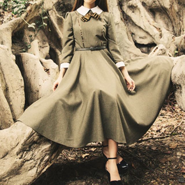 Long-Sleeve Contrast Collar Midi A-Line Dress SpreePicky