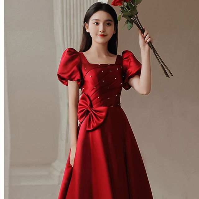 Puff-Sleeve Embellished Bow A-Line Prom Dress SpreePicky