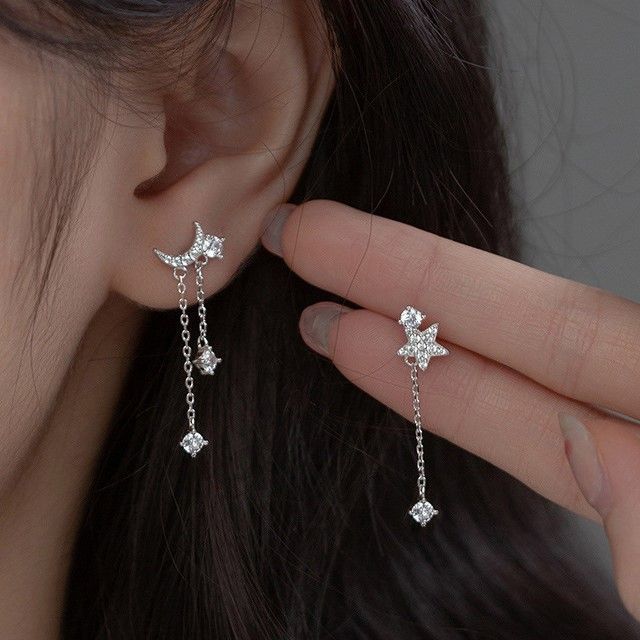 Moon & Star Rhinestone Asymmetrical Sterling Silver Dangle Earring SpreePicky