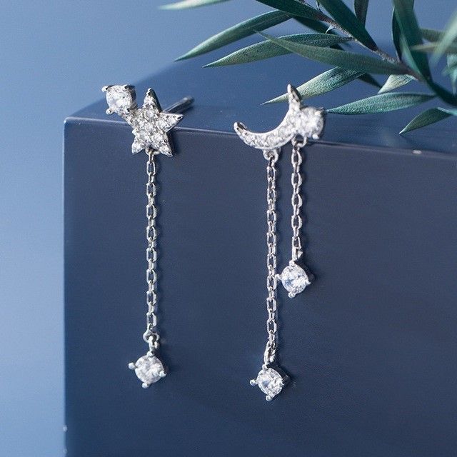 Moon & Star Rhinestone Asymmetrical Sterling Silver Dangle Earring SpreePicky