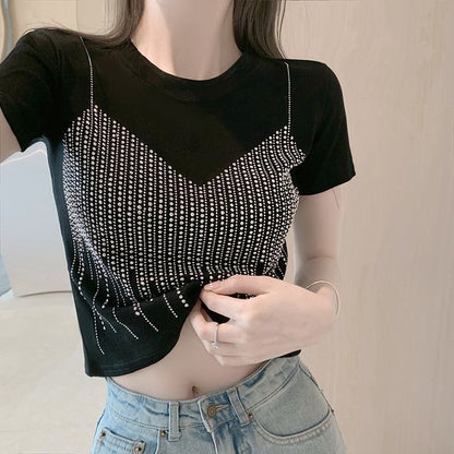 Short-Sleeve Rhinestone Cropped T-Shirt SpreePicky