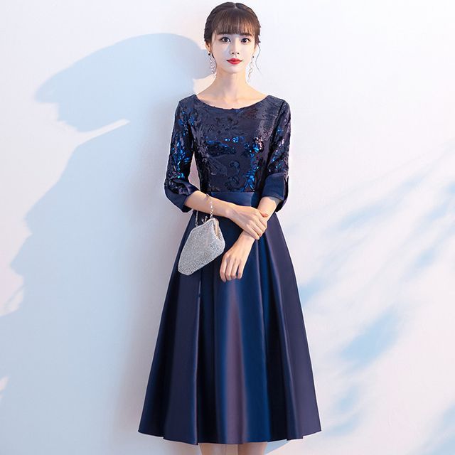 / Gown Dress A-Line Cocktail Evening Elbow-Sleeve FashionChic