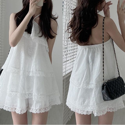 Set: Halter Lace Trim Camisole Top + Wide Leg Shorts SpreePicky