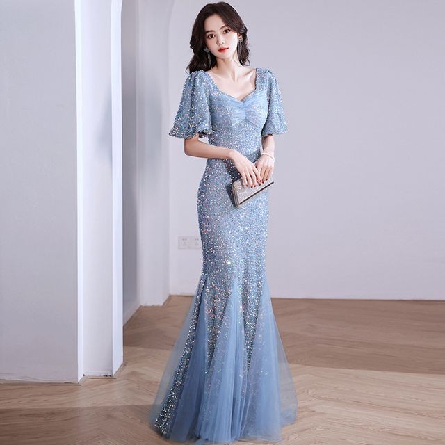 V-Neck Glitter Mermaid  Evening Gown SpreePicky