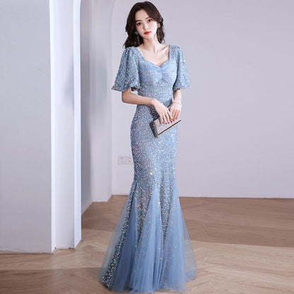 V-Neck Glitter Mermaid  Evening Gown SpreePicky