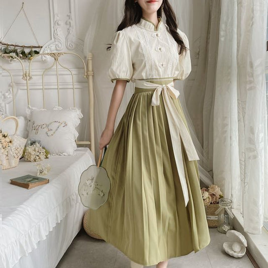 Set: Short-Sleeve Mandarin Collar Blouse + Pleated Midi A-Line Skirt mySite