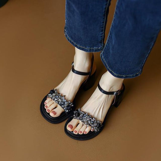 Block-Heel Genuine Leather Embellished Sandals SpreePicky