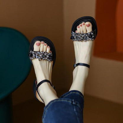 Block-Heel Genuine Leather Embellished Sandals SpreePicky