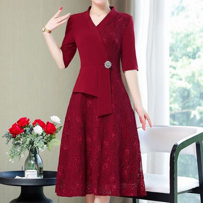 Elbow-Sleeve Lace Panel A-Line Dress SpreePicky