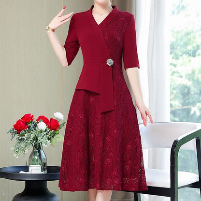 Elbow-Sleeve Lace Panel A-Line Dress SpreePicky