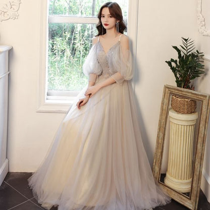 3/4-Sleeve Cold Shoulder Rhinestone Floral A-Line Evening Gown SpreePicky