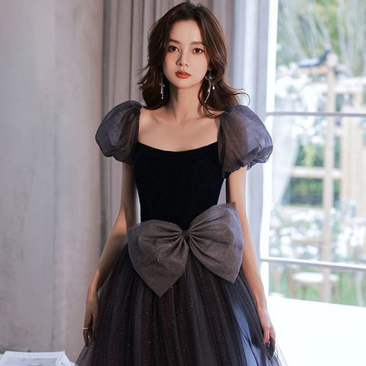 Puff-Sleeve Bow Glitter Mesh A-Line Evening Gown SpreePicky