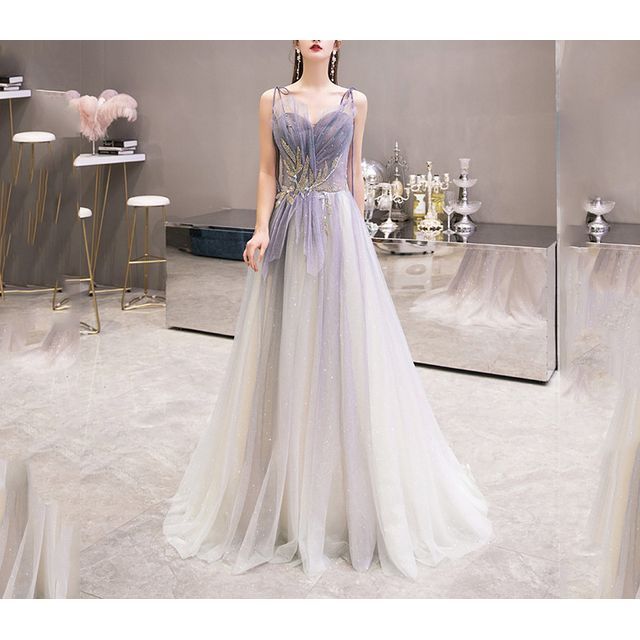 Spaghetti Strap Sweetheart Neckline Rhinestone Gradient Mesh A-Line Evening Gown SpreePicky