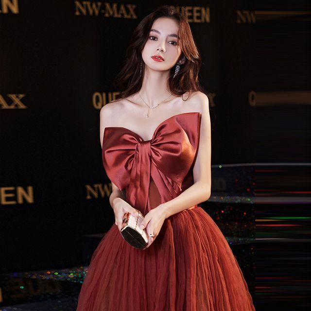 Strapless Bow Mesh A-Line Evening Gown SpreePicky