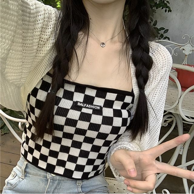 Checkerboard Knit Crop Camisole Top / Plain Pointelle Knit Open Front Bolero SpreePicky