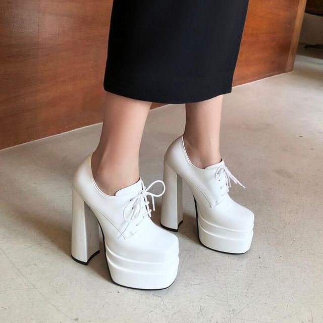 Plain Platform Chunky-Heel Lace-Up Shoes SpreePicky