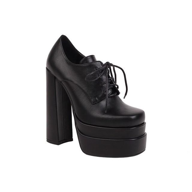 Plain Platform Chunky-Heel Lace-Up Shoes SpreePicky