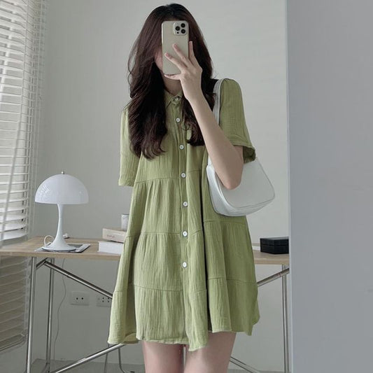 Short-Sleeve Plain Mini A-Line Shirt Dress SpreePicky