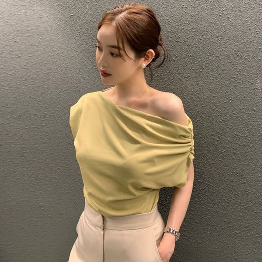 Cap-Sleeve Off-Shoulder Plain Asymmetrical Top SpreePicky