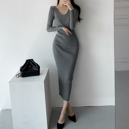 Long-Sleeve Plain Knit Sheath Dress mySite