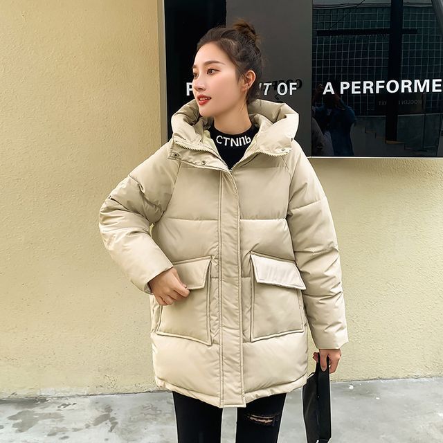 Hooded Plain Padded Coat SpreePicky