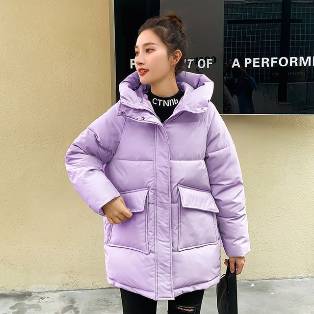 Hooded Plain Padded Coat SpreePicky