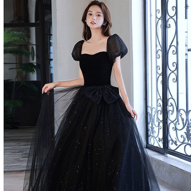 Puff-Sleeve Square-Neck Lace-Up Back A-Line Evening Gown (Various Designs) SpreePicky