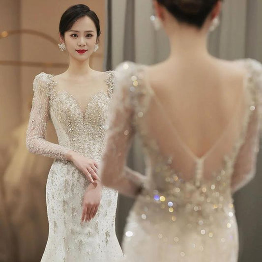 Long-Sleeve Open-Back Rhinestone Bodycon Wedding Gown SpreePicky