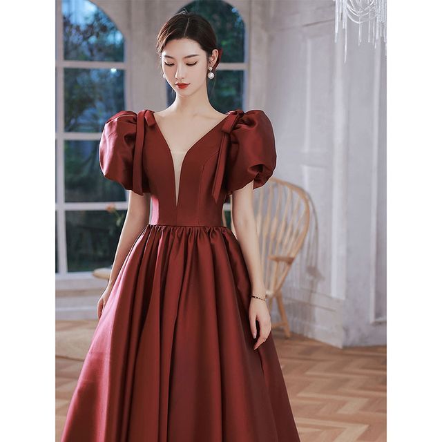 Puff-Sleeve Mesh Panel Plain A-Line Evening Gown SpreePicky