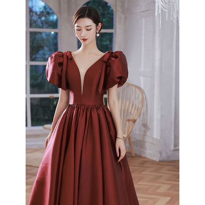 Puff-Sleeve Mesh Panel Plain A-Line Evening Gown SpreePicky