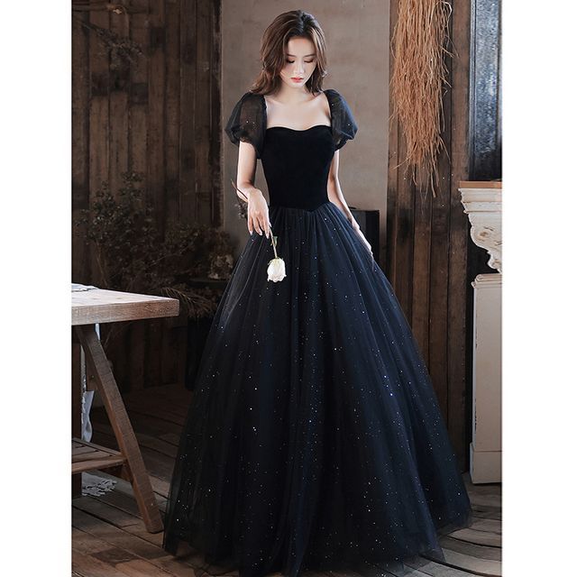 Puff-Sleeve Square-Neck Lace-Up Back A-Line Evening Gown (Various Designs) SpreePicky