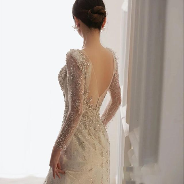 Long-Sleeve Open-Back Rhinestone Bodycon Wedding Gown SpreePicky