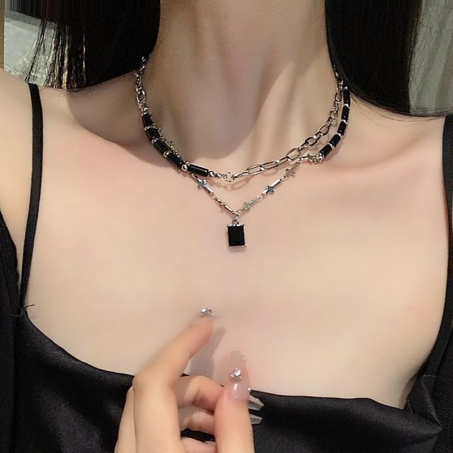 Faux Crystal Pendant Layered Alloy Choker SpreePicky