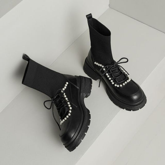 Lace-Up Faux Pearl Short Sock Boots SpreePicky