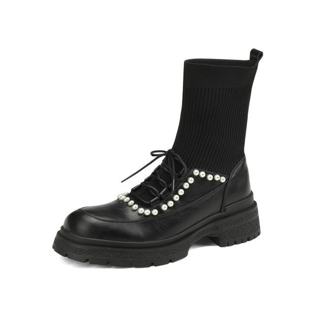 Lace-Up Faux Pearl Short Sock Boots SpreePicky