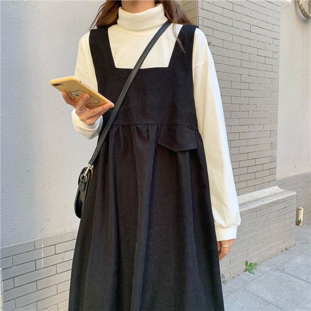 Mock Neck Plain Sweatshirt / Square Neck Midi A-Line Overall Dress mySite