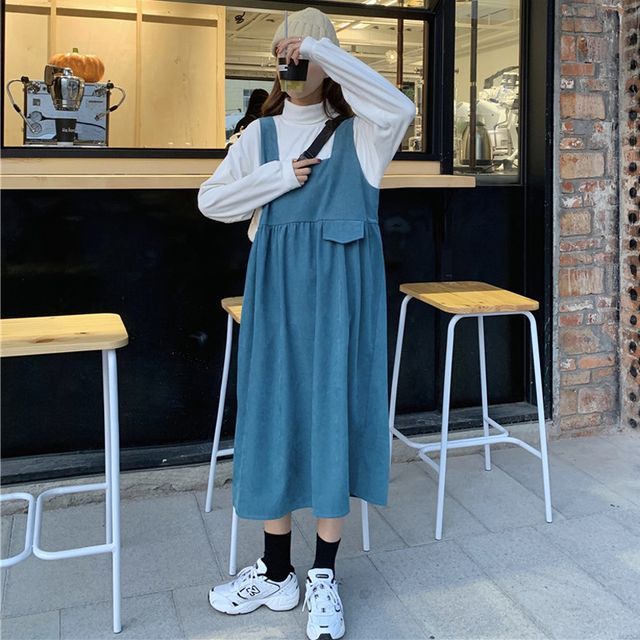 Mock Neck Plain Sweatshirt / Square Neck Midi A-Line Overall Dress mySite