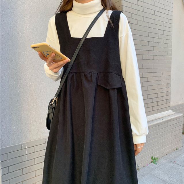 Mock Neck Plain Sweatshirt / Square Neck Midi A-Line Overall Dress mySite