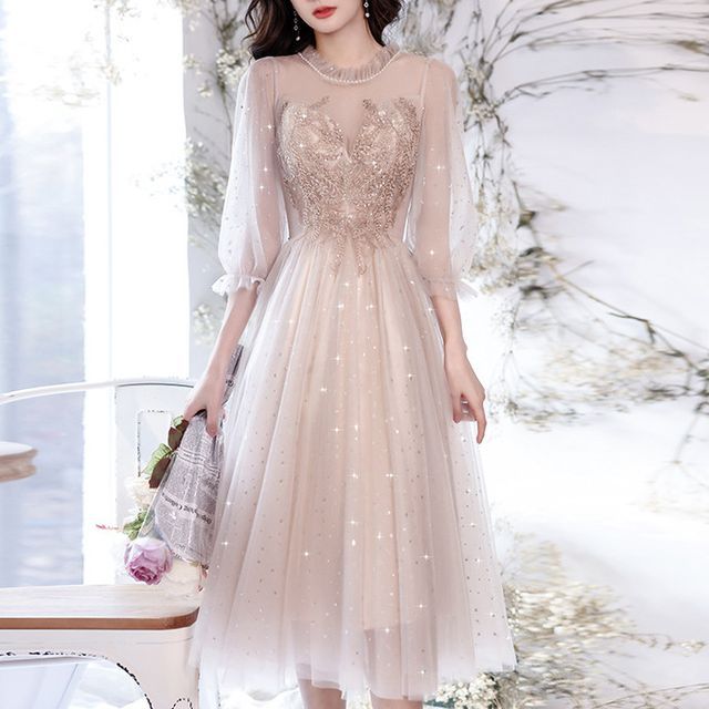 Puff-Sleeve Flower Embroidered Sequin Midi Cocktail Dress / A-Line Evening Gown SpreePicky