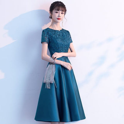 Short-Sleeve Plain Lace Panel A-Line Cocktail Dress SpreePicky