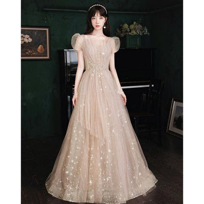 Puff-Sleeve Star Print Lace-Up A-Line Evening Gown SpreePicky