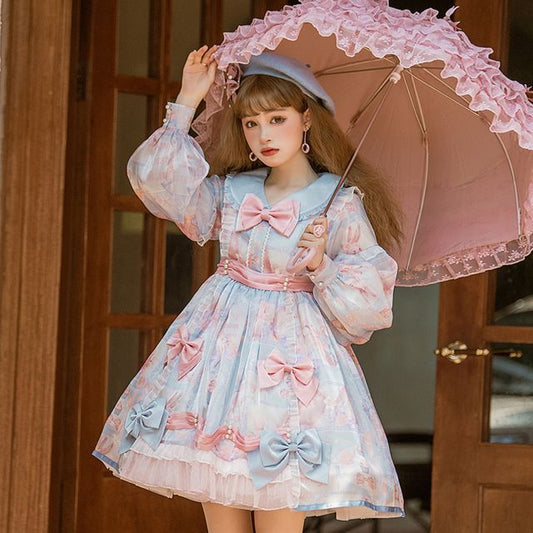 Puff-Sleeve Floral Print Bow Lolita Dress (Various Designs) mySite