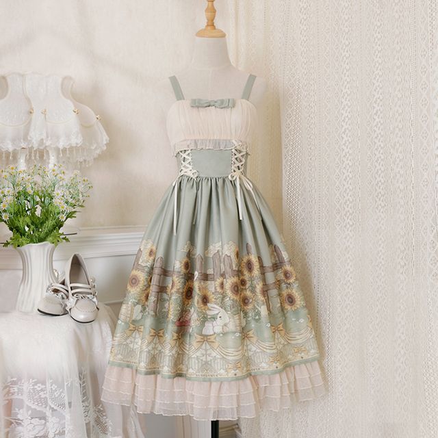 Wide Strap Floral Print Midi A-Line Layered Lolita Dress / Short-Sleeve Ruffle Blouse / Set mySite