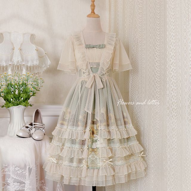 Wide Strap Floral Print Midi A-Line Layered Lolita Dress / Short-Sleeve Ruffle Blouse / Set mySite