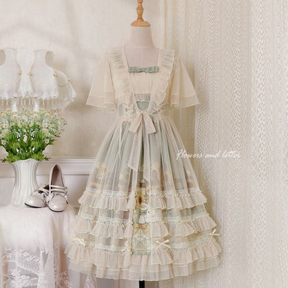 Wide Strap Floral Print Midi A-Line Layered Lolita Dress / Short-Sleeve Ruffle Blouse / Set mySite