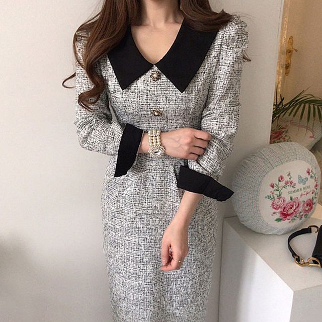 Long-Sleeve Contrast Collar Tweed Midi A-Line Dress SpreePicky