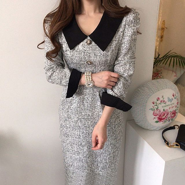 Long-Sleeve Contrast Collar Tweed Midi A-Line Dress SpreePicky